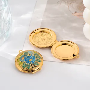 Goldener runder Fotorahmen Anhänger Emaillierte Blumen DIY personalisierte Halskette Schmuck
