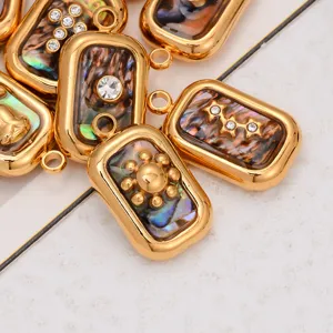 Stainless steel gold plated abalone shell rhinestone rectangle pendant charms for DIY jewelry making