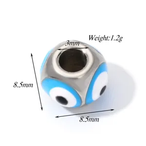 Stainless steel evil eye bead detail view, 8.5mm size with 3mm hole for DIY jewelry making.