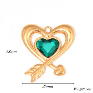Gold heart pendant with green crystal and arrow design DIY jewelry accessory size 28x25mm new