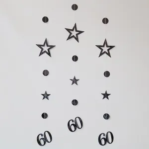 Black star and circle number 60 hanging garland for birthday party decoration detail