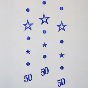 Blue 50th birthday hanging decoration set with cutout stars and circles for party backdrop