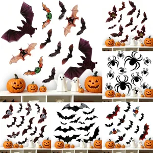 Halloween 3D αυτοκόλλητα τοίχου νυχτερίδα και αράχνη, spooky διακόσμηση για πάρτι.