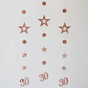 Rose gold 30 birthday hanging garland party decoration with cutout stars and circles.