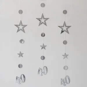 Silver star circle number 40 hanging bunting banner for birthday party decoration details.