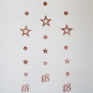 Detail view of rose gold hanging garland featuring hollow stars, circles, and number 18.