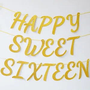 Χρυσή γιρλάδα γενεθλίων Sweet Sixteen, διακόσμηση πάρτι 16ων γενεθλίων κρεμαστή σημαία.