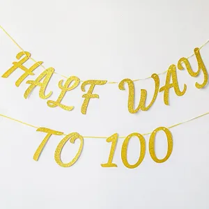 Χρυσό glitter banner Half Way to 100 διακόσμηση πάρτι κρεμαστή πινακίδα φόντο γενεθλίων