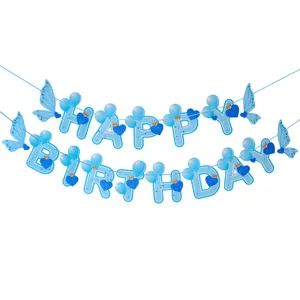 Blue happy birthday banner hanging decor party supplies butterfly heart balloon letters