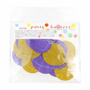 Detailed view of purple and gold glitter circular paper garland, perfect for party decor.