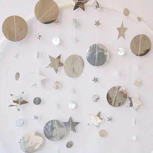 Silver laser paper star circle garland detail shot for party wedding decorative hanging use.
