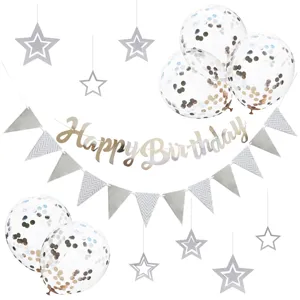 Birthday party decoration set with Happy Birthday banner, star charms, and confetti balloons.