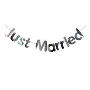 Silver Just Married wedding banner for party decoration, sparkling holographic hanging letters.