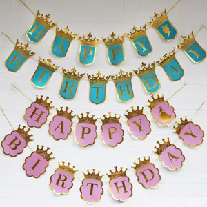 Glitter paper crown princess birthday banner set with gold foil letters for party decor.