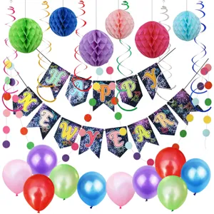 New Year party decoration set details featuring colorful honeycomb balls and hanging banners.