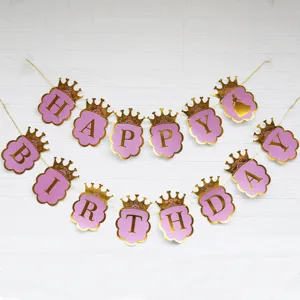 Pink glitter princess crown happy birthday banner party hanging decoration for kids birthday