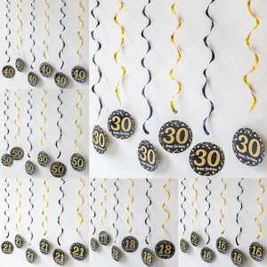 Black Gold Birthday Party Spiral Hanging Swirl Decorations Number Sign Ceiling Decor Anniversary Supplies