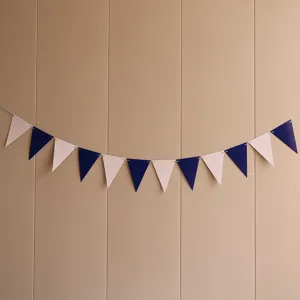 Birthday party decorative bunting banner with alternating pink and navy blue triangular flags.