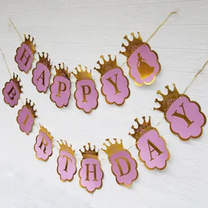 Pink gold glitter princess birthday banner crown happy birthday party hanging decor
