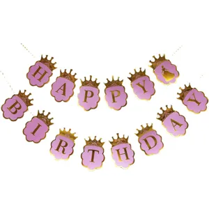 Pink glitter paper crown princess birthday banner, hot stamping happy birthday garland decor.