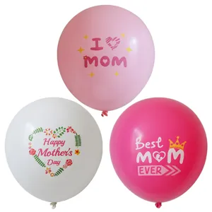 Detailed view of 12-inch latex balloons with Mother's Day text for party decor.