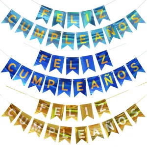 Spanish Happy Birthday Banner Laser Gold Silver Pink Blue Foil Letter Garland Hanging Bunting Flag Party Decoration Supplies
