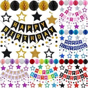 New Year Graduation Party Decoration Black Gold Birthday Pull Flag Set Honeycomb Balls Hanging Swirls Party Supplies