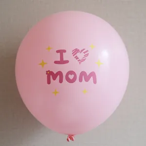 Pink latex balloon with I love mom print for happy mothers day party decoration.