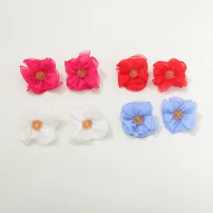 Detailed close-up view of handmade chiffon fabric flower ear studs in various colors.