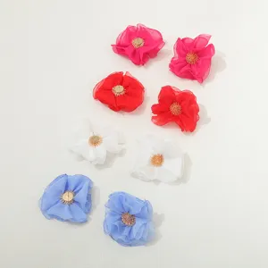 Handmade chiffon flower stud earrings detail view, multi-color fabric floral design jewelry.