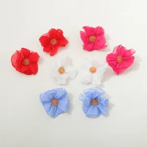 Handmade chiffon flower earrings detail view, colorful fabric floral accessories for women.