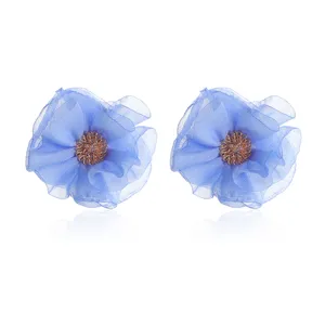 Handmade blue chiffon flower stud earrings with gold wire center for women fashion style detail.