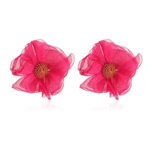 Handmade chiffon fabric flower earrings for women, retro pink floral stud earrings chic jewelry.