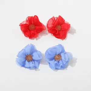 Chic handmade fabric flower earrings in vibrant red and blue, elegant daily accessories.