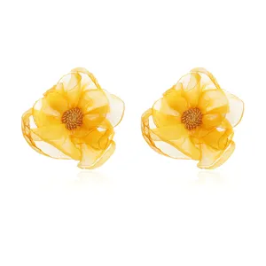 Handmade yellow chiffon flower earrings, retro ethnic minimalist style detail photo for women.