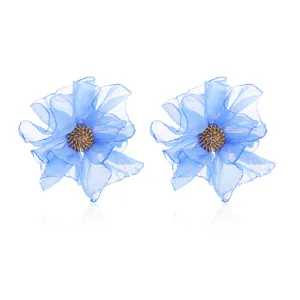 Blue chiffon flower earrings with gold wire center, elegant handmade fabric stud jewelry.
