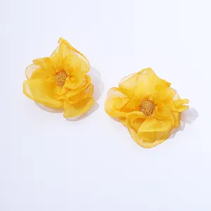 Handmade yellow chiffon flower earrings, lightweight fabric floral studs for daily chic.