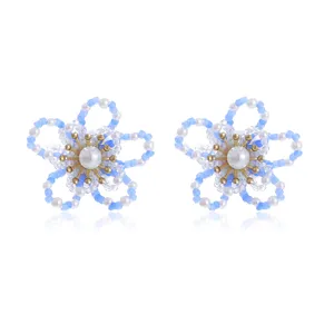 Handgemaakte geweven kristal parel bloem oorbellen blauw witte kralen sieraden