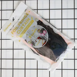 Detailed view of foil fringe curtain packaging, showing laser effect and party decoration.