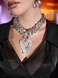 Chunky Cuban link necklace with rhinestone heart pendant, punk style statement jewelry for women