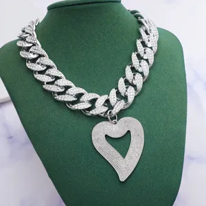 Chunky cuban chain rhinestone heart pendant necklace for women punk style statement jewelry.