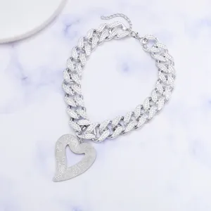 Chunky cuban chain necklace with rhinestone paved hollow heart pendant, punk style jewelry.