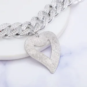 Chunky rhinestone cuban chain necklace with textured open heart pendant punk silver jewelry