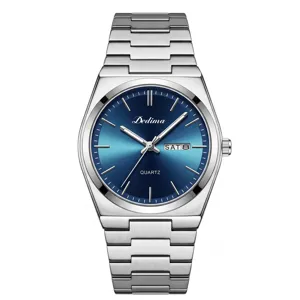 Minimalist men's quartz watch with blue sunray dial and stainless steel bracelet band