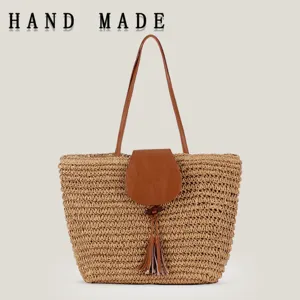 Handgefertigte Papierseil Gewebte Schultertasche Für Damen Bohemian Resort Stil Quaste Klappe Tote Bag Lederband Strandtasche