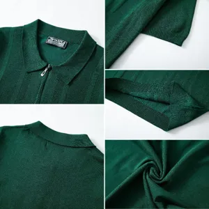 Vues détaillées du polo en tricot vert foncé montrant la texture et la fermeture éclair.