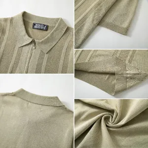 Détails de la texture du polo en maille à manches courtes pour hommes avec fermeture éclair