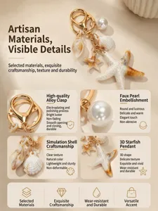 Detailed view of ocean-themed keychain with starfish and shell pendants in gold finish.