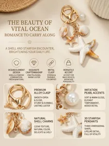 Close-up details of ocean starfish and shell keychain bag charm accessory