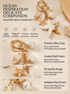 Detailed view of ocean-themed keychain featuring starfish shell pendants and faux pearl decoration